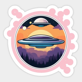 Two UFO flying saucer over trees Sticker